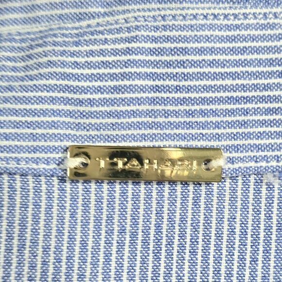 T Tahari Collared Button Down Dress Size 6 Blue Striped Midi Fit Flare - Picture 8 of 15